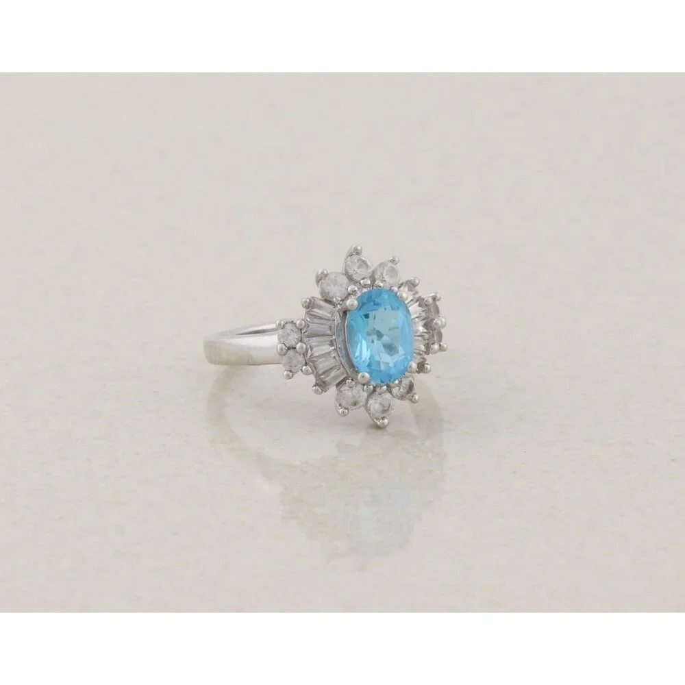 Sterling Silver Natural Blue Topaz and White Topaz Ring Ballerina Ring Size 7 - Picture 3 of 8